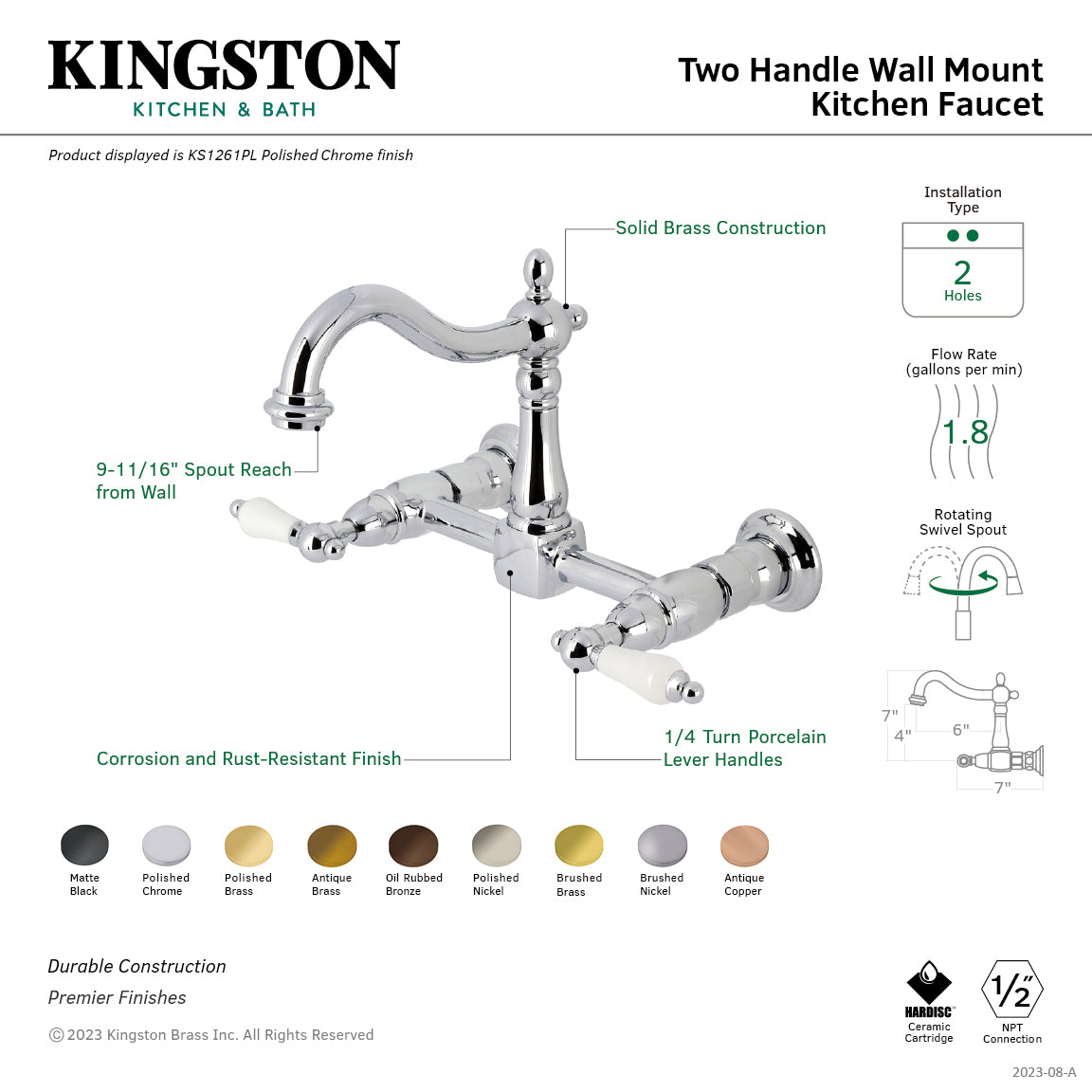 Kingston Heirloom KS1263PL - Heritage Two-Handle 2-Hole Wall Mount Bridge Kitchen Faucet, Antique Brass — thumbnail 2